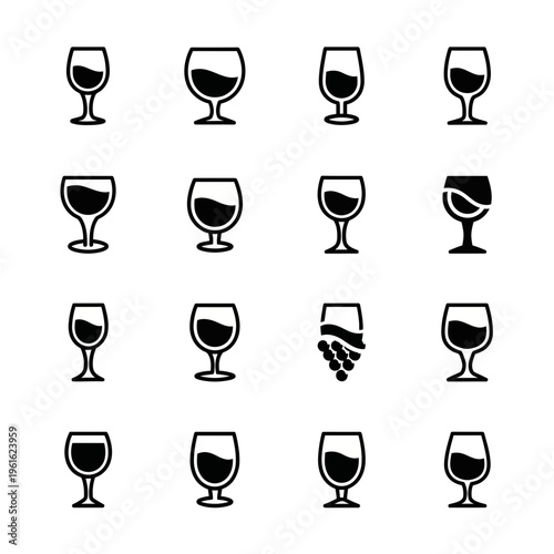 Set of 16 Black and White Wine Glass and Goblet Icons for Drinks, Bar, and Restaurant Menu Design