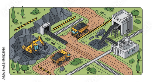 Isometric Coal Mining Operation Illustration with Heavy Machinery.