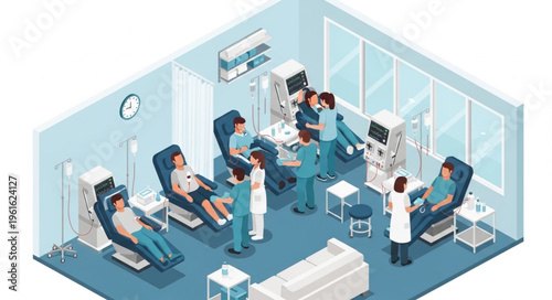 Isometric Blood Donation Clinic Scene with Medical Professionals and Donors.