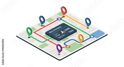 Isometric Map with GPS Device and Location Markers for Navigation.