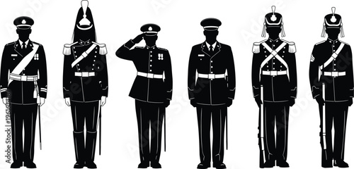 Silhouette of ceremonial military uniformed officers standing in formal dress with salute guard honor black vector illustration isolated on white