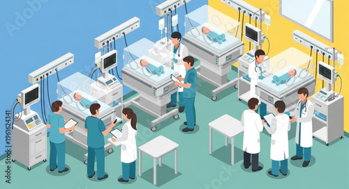 Neonatal Intensive Care Unit with Medical Staff and Incubators.