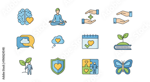 Mental Health and Wellbeing Icons: Brain, Heart, Yoga, Growth, Care, Community