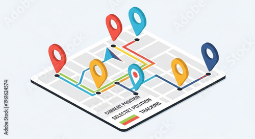 Isometric Map with Route Pins and Navigation Paths.