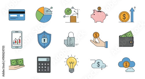 Finance Icons Set: Money, Banking, Investment, Savings, and Business Growth