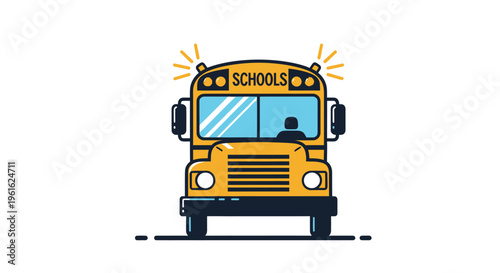 Yellow School Bus Front View with Flashing Lights and "Schools" Sign