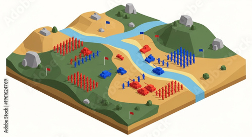 Isometric Battle Scene with Red and Blue Armies by a River.