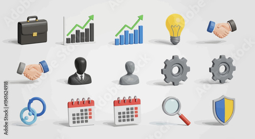 Set of vector icons for web design featuring 3d business financial charts and technology data graphs for marketing success and profit growth reports