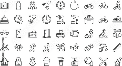 Travel and Fitness Icons Set for Vacation, Health, Adventure, Cycling, Outdoor Activities, Packing, Food, and Travel Planning in Apps and Websites