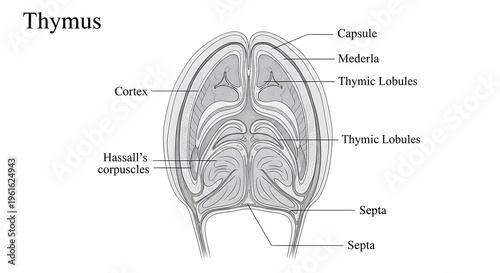 Simplified structural illustration of the thymus gland depicting surrounding capsule, septa, cortical and medullary regions, thymic lobules and Hassall’s corpuscles to explain organization of this pri
