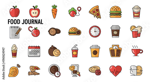 Food Journal Icons: Healthy Food, Junk Food, Drinks, Time, Calendar, Heartbeat