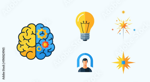 Brainstorming, Idea Generation, Innovation Concept Icons: Brain, Lightbulb, Sparkles