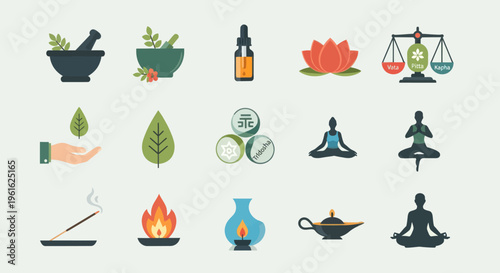 Ayurveda and Holistic Wellness Icons: Balance, Nature, Meditation, and Natural Healing