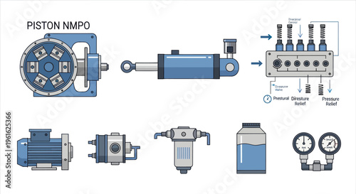 Hydraulic System Components: Piston, Cylinder, Motor, Filter, Gauges, Tank