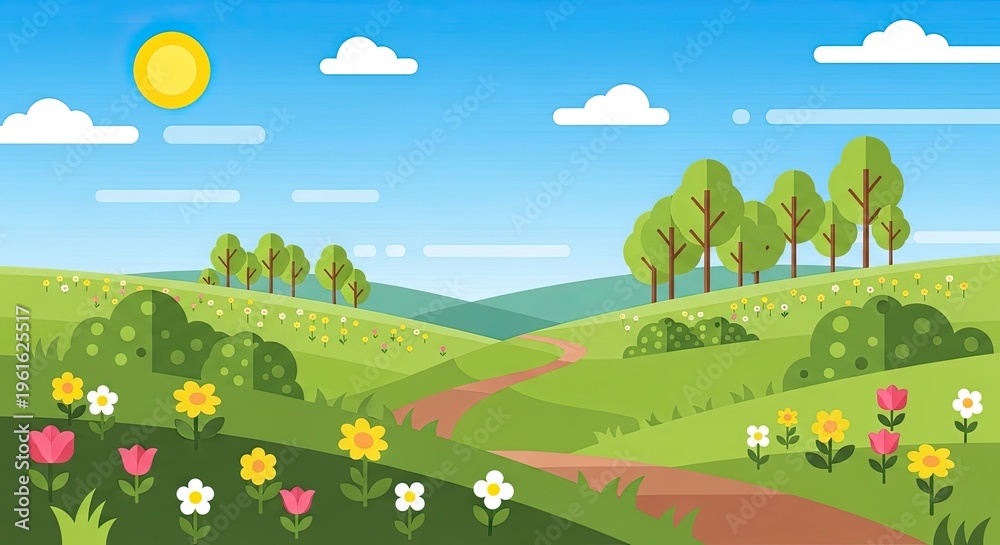Naklejka premium Cartoon landscape illustration with trees hills sky and flowers perfect background