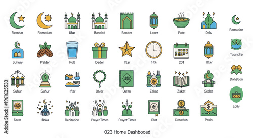 Islamic Icons Set: Ramadan, Mosque, Prayer, Quran, Moon, Star, Lanterns, Food