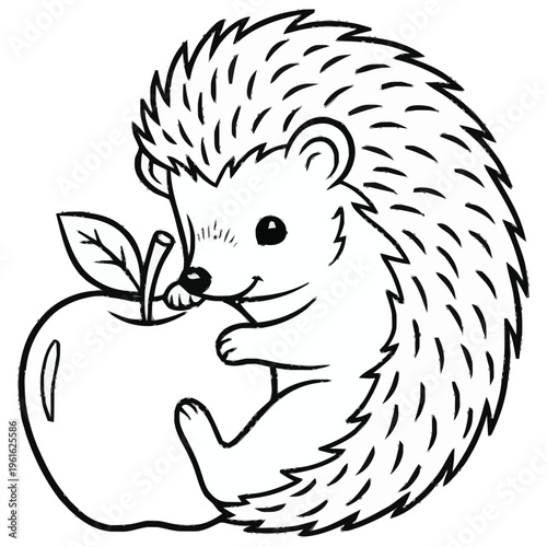 Cute Cartoon Hedgehog Character Embracing a Large Apple Isolated on White Background Detailed Drawing for Childrens Books and Nature Themes