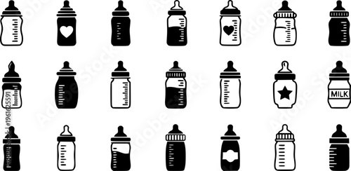 Baby bottle icons set black and white illustrations.

