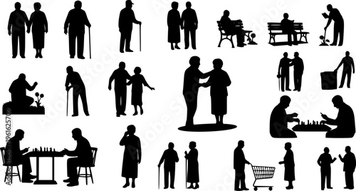 A vector collection of black silhouettes featuring elderly people, senior couples, and individuals in various daily life poses and activities.

