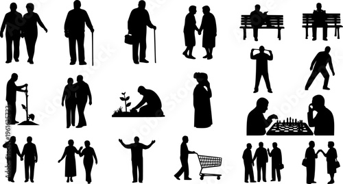 A vector collection of black silhouettes featuring elderly people, senior couples, and individuals in various daily life poses and activities.
