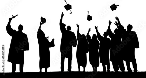 set of silhouette graduate student throwing cap.silhouette of a group of people celebrating,silhouette of a person with a diploma
