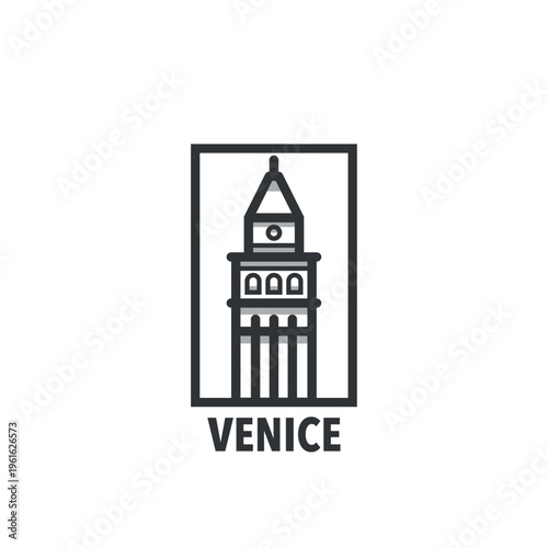 Venice, Italy historic tower, city landmark clip art. Thin line vector pictogram, emblem, logo, icon, badge graphic. Flat, black monument image