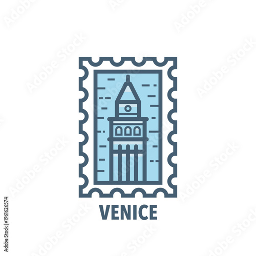 Vector stamp of Venice, Italy belfry tower, landmark, city symbol. Thin line pictogram, skyline emblem, logo, icon graphic. Flat, blue, cool