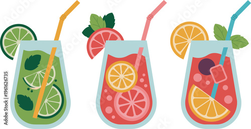 Three different fruit cocktails are displayed in tall glasses, garnished with fresh fruit slices and mint leaves. The drinks come in vibrant green, orange, and red colors, suggesting flavors like lime