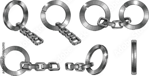 Realistic Metal Chain Link and Ring Set with Steel Texture, Industrial Hardware Elements, Connection Concept, Heavy Duty Equipment Vector Illustration Collection