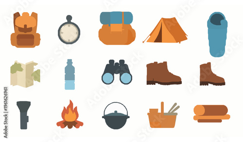 Camping and hiking gear vector set with backpack tent compass picnic items and travel accessories isolated on white