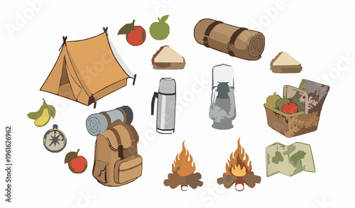 Hand drawn camping and picnic collection with hiking gear food items and adventure accessories isolated on white