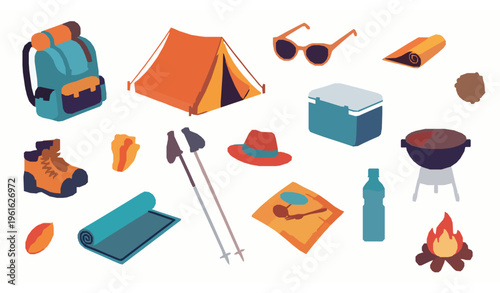 Colorful camping and hiking items vector with summer picnic gear travel accessories and outdoor adventure set isolated on white