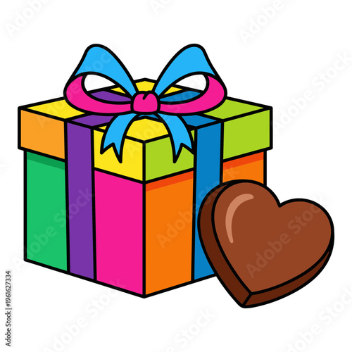 Colorful gift box with a bow and a heart-shaped chocolate bar beside it Vector, illustration
