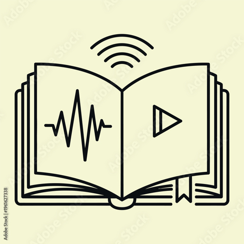 Minimal line of an open book with sound wave and play button line book audiobook
