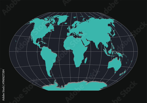 Obraz na plátně Flat world map illustration featuring teal continents on dark background with wh