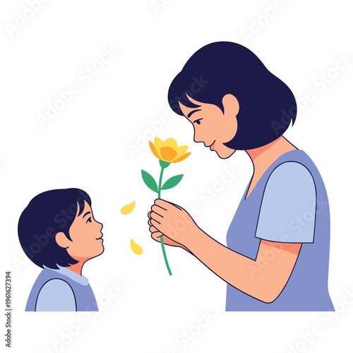 A caring adult shares a flower with a curious child Vector, illustration