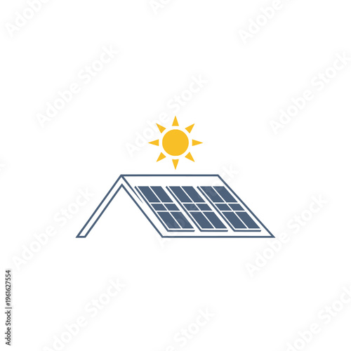 Solar panel on a roof with sun.