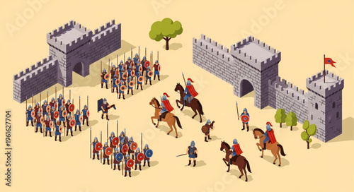 Isometric Medieval Battle Scene with Knights and Infantry.