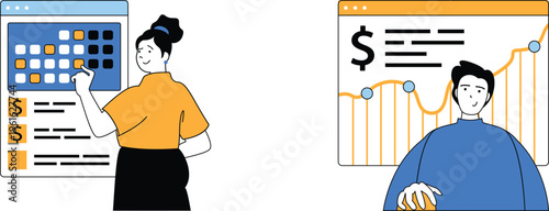 Two individuals engaged with financial software and data analytics on separate computer screens