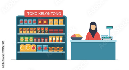 Woman in hijab at counter of small grocery store with shelves of products