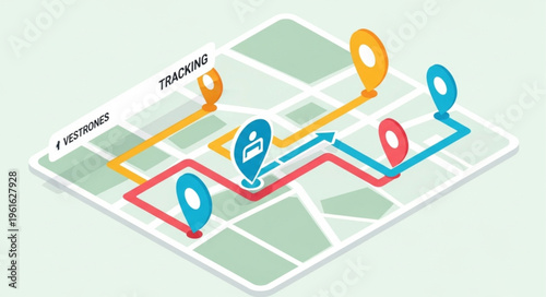 Isometric Map with Route Tracking and Navigation Pins for Delivery.