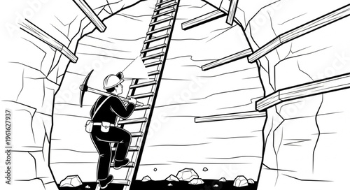 Miner Ascending Ladder in Mine Shaft Illustration.