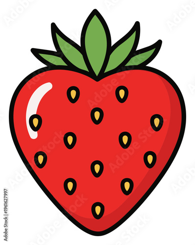Vibrant Strawberry Illustration with Green Leaves and Black Outline.