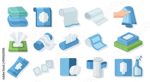 Hygiene And Cleaning Supplies Icons: Tissues, Towels, Wipes, Spray