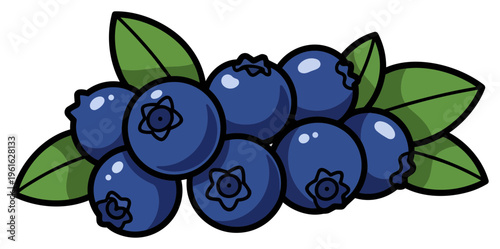 A cluster of vibrant blueberries with fresh green leaves.