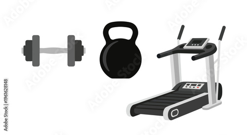 Fitness equipment: dumbbell, kettlebell, and treadmill illustration on white background