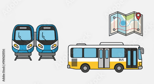 Public Transport Icons: Train, Bus, and Map - Travel and Commute Concept