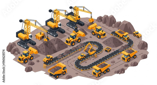 Isometric View of a Construction Site with Various Heavy Machinery.