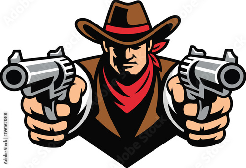 cowboy mascot, gunslinger, cowboy illustration, western character, wild west, cowboy cartoon, outlaw character, cowboy vector, gunslinger mascot, revolver guns,