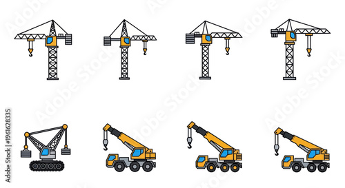 Construction Crane Icons Set: Tower, Mobile, Crawler - Pixel Art Style